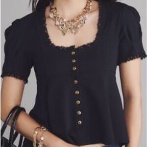 Anthropologie Maeve Puff-Sleeve Babydoll Top in Black Onyx, Size XL